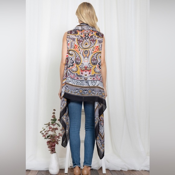 Linen Black Boho Paisley cardigan Bandana Print Longline Vest Size 10 12 14 - Picture 5 of 5